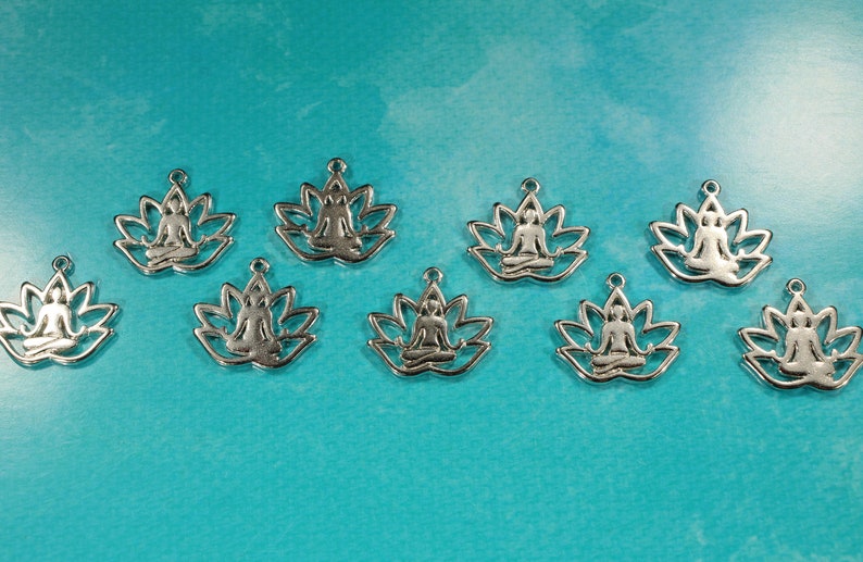Yoga Lotus Flower 18mm Antique Silver Tone Die Cut Single Sided Floral Meditation Charms 0929 image 5