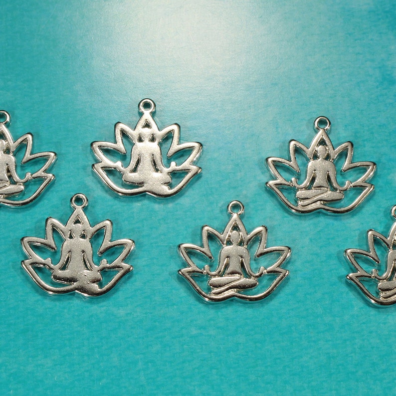 Yoga Lotus Flower 18mm Antique Silver Tone Die Cut Single Sided Floral Meditation Charms 0929 image 3