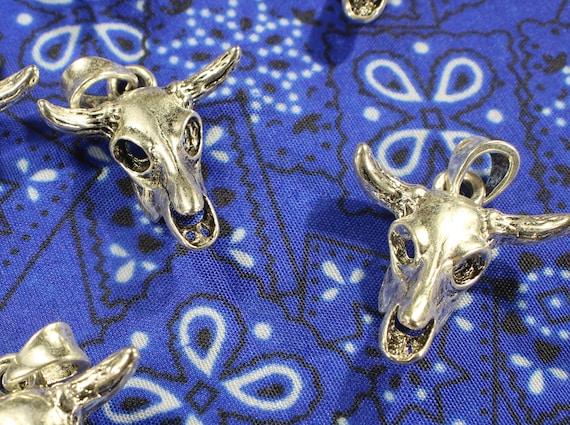 Steer Skull 35mm Antique Silver Tone 2D Western Animal Pendant Charms - 1291