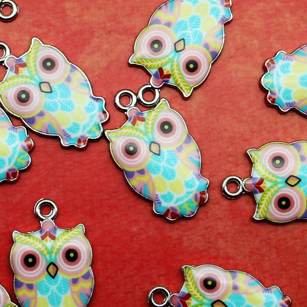 Owl 23mm Silver Tone with Pink Blue Yellow and Purple Enamel Single Sided Bird Charms - 1625