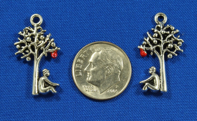 Man Sitting Under An Apple Tree 25mm Silver Tone and Red Enamel Double Sided Nature Charms 0014