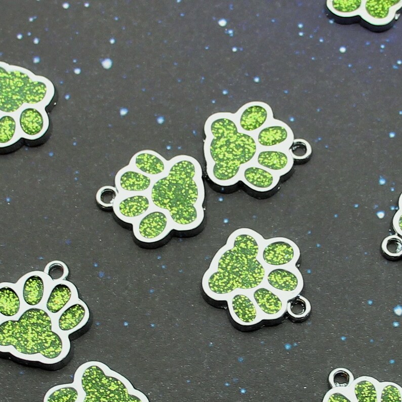 Paw Print 18mm Green Glitter Enamel and Silver Tone Single Sided Customizable Animal Charms 1658 image 7