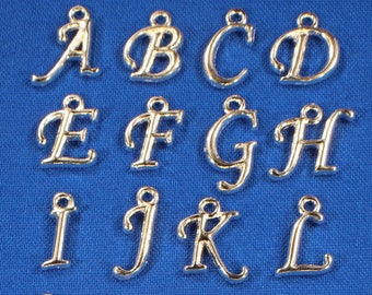 A-Z Script Alphabet Individual Capital Letters and Full Set (full sets sold out) Silver Plated 13mm - 17mm Single Sided Letter Charms - 0403