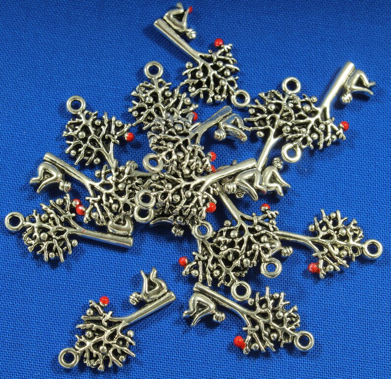 Man Sitting Under An Apple Tree 25mm Silver Tone and Red Enamel Double Sided Nature Charms 0014