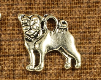 Pug Dog 15mm Antique Silver Tone Double Face Animal Charms - 0078