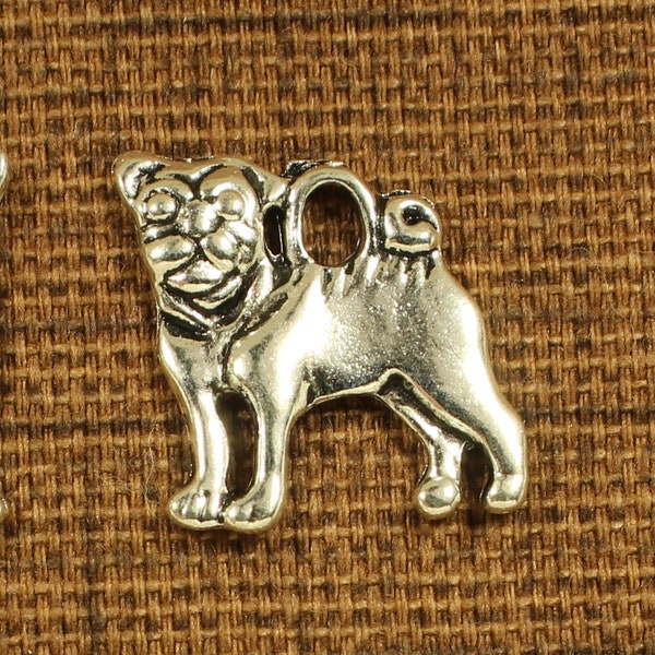 Pug Dog 15mm Antique Silver Tone Double Sided Animal Charms - 0078