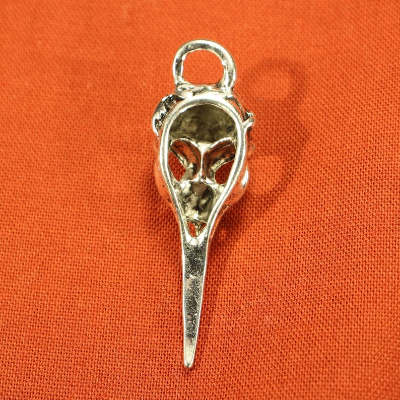 May include: Silver pendant charm in the shape of a bird skull with a long beak. The pendant is detailed with intricate carvings and has a loop at the top for attaching to a chain.