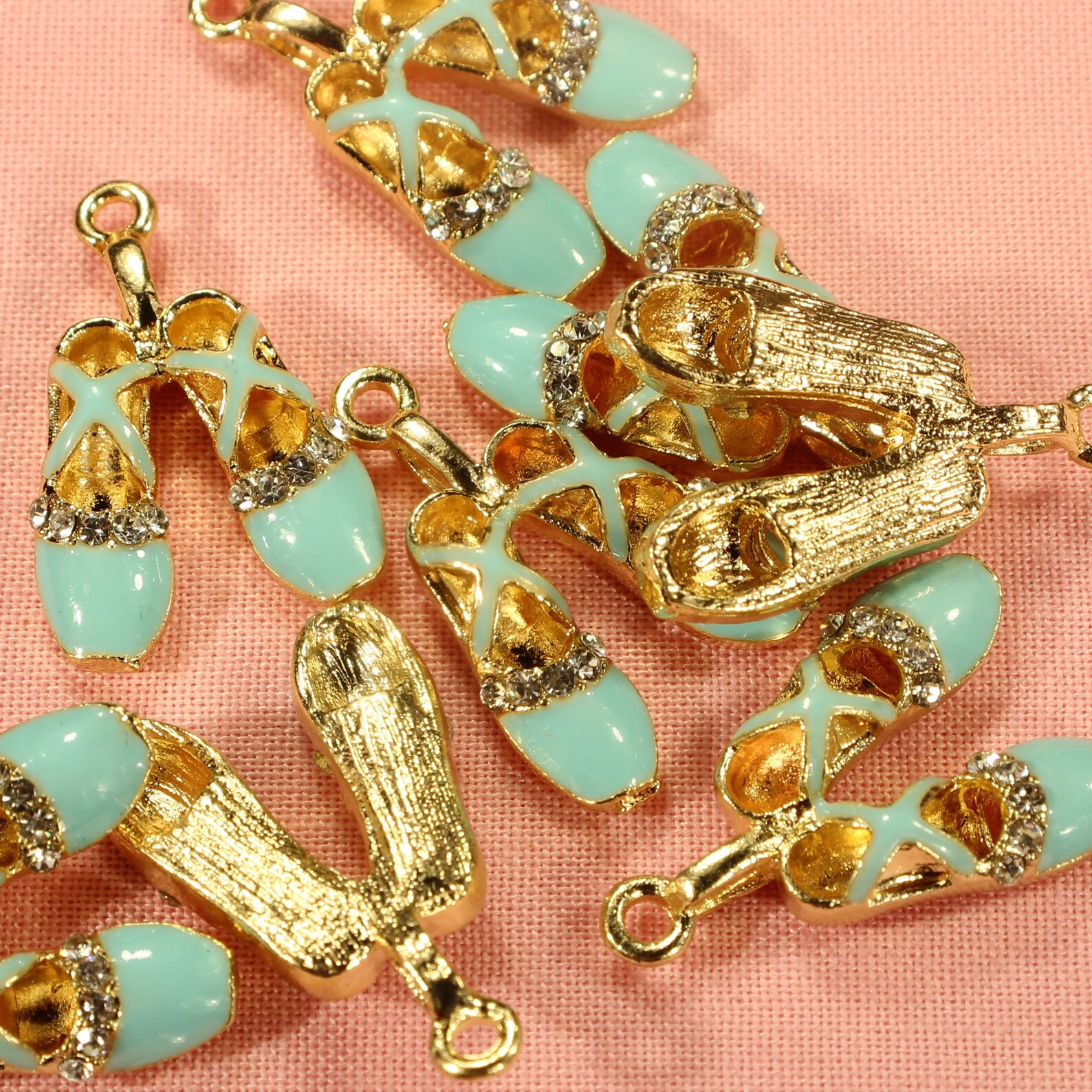 ballet shoes 26mm gold plated, rhinestone and light blue enamel 3d dance charms - 0422