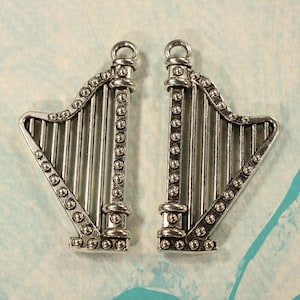 Harp 39mm Antique Silver Tone 3D Musical Instrument Music Charms - 0659