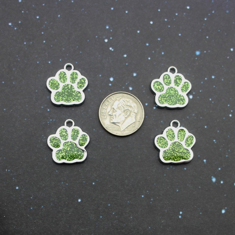 Paw Print 18mm Green Glitter Enamel and Silver Tone Single Sided Customizable Animal Charms 1658 image 2