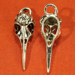 May include: Two silver bird skull pendants with intricate details. One pendant has a floral design on the top, while the other is open and shows the inside of the skull.
