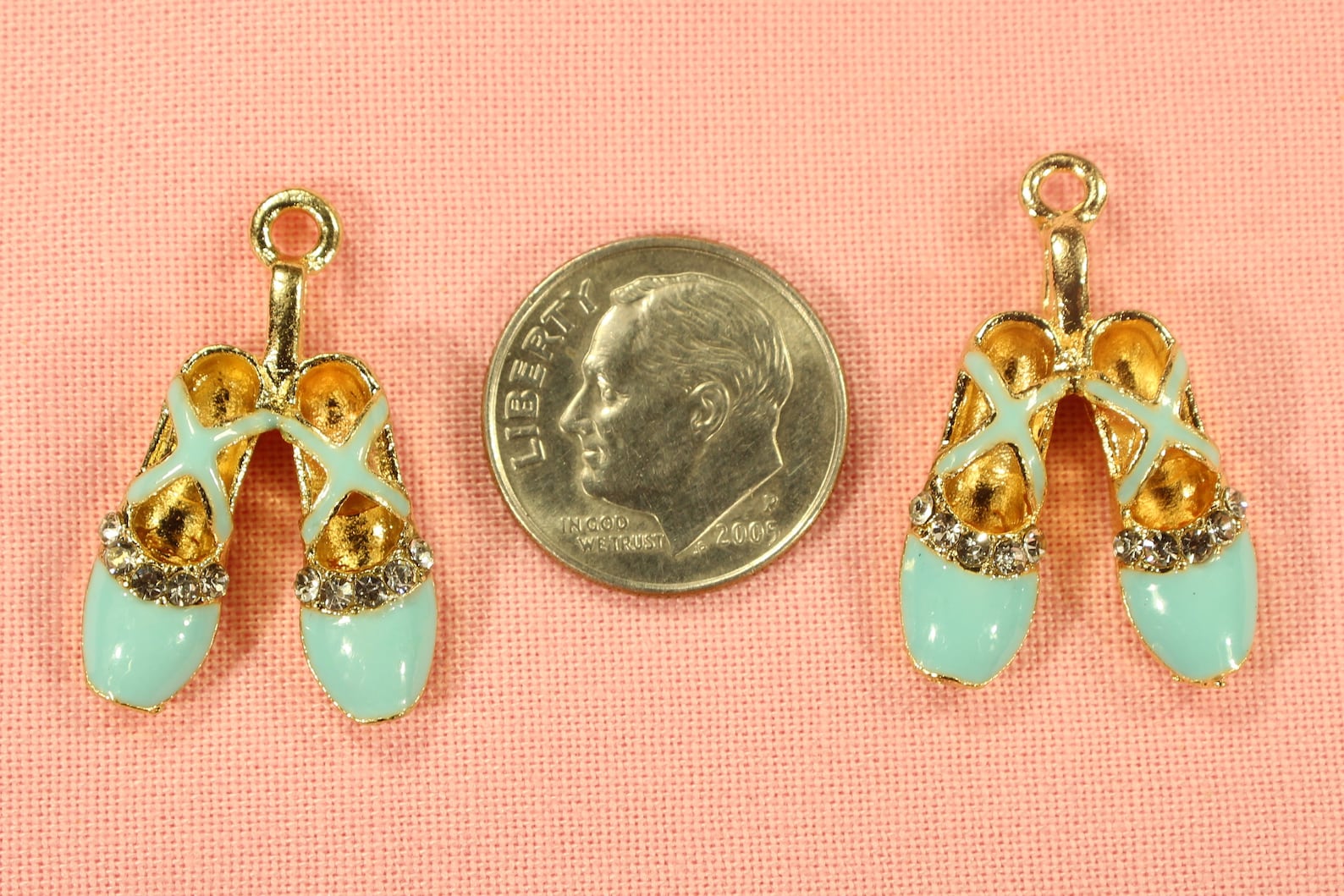 ballet shoes 26mm gold plated, rhinestone and light blue enamel 3d dance charms - 0422