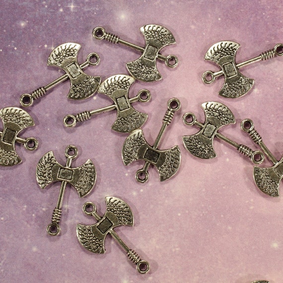 Medieval Axe / Viking Battle Axe 24mm Antique Silver Tone Double Sided Connector Charms - 0836