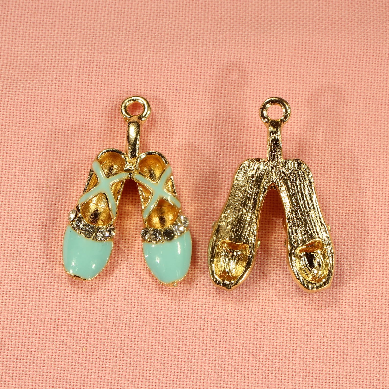 ballet shoes 26mm gold plated, rhinestone and light blue enamel 3d dance charms - 0422