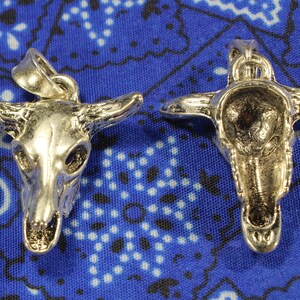 May include: Two silver skull pendants with a bull's head design. The pendants are on a blue and white patterned background.