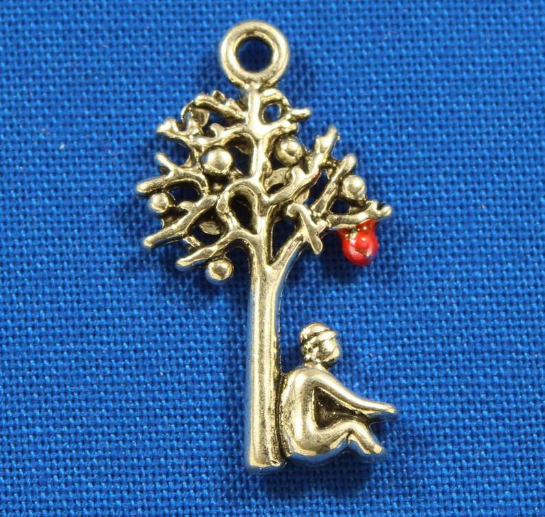 Man Sitting Under An Apple Tree 25mm Silver Tone and Red Enamel Double Sided Nature Charms 0014