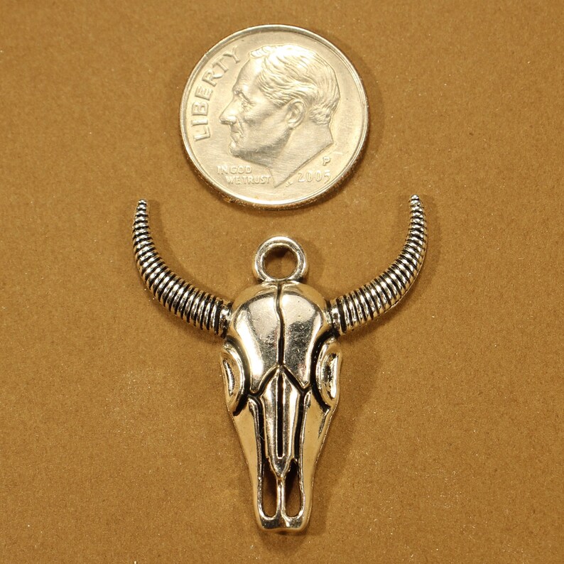 May include: Silver-toned bull skull charm with a loop for hanging. The charm is about the size of a US dime.