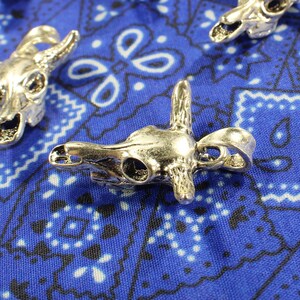 May include: Silver-toned metal charm in the shape of a bull skull. The charm has a loop at the top for attaching to a necklace or bracelet.