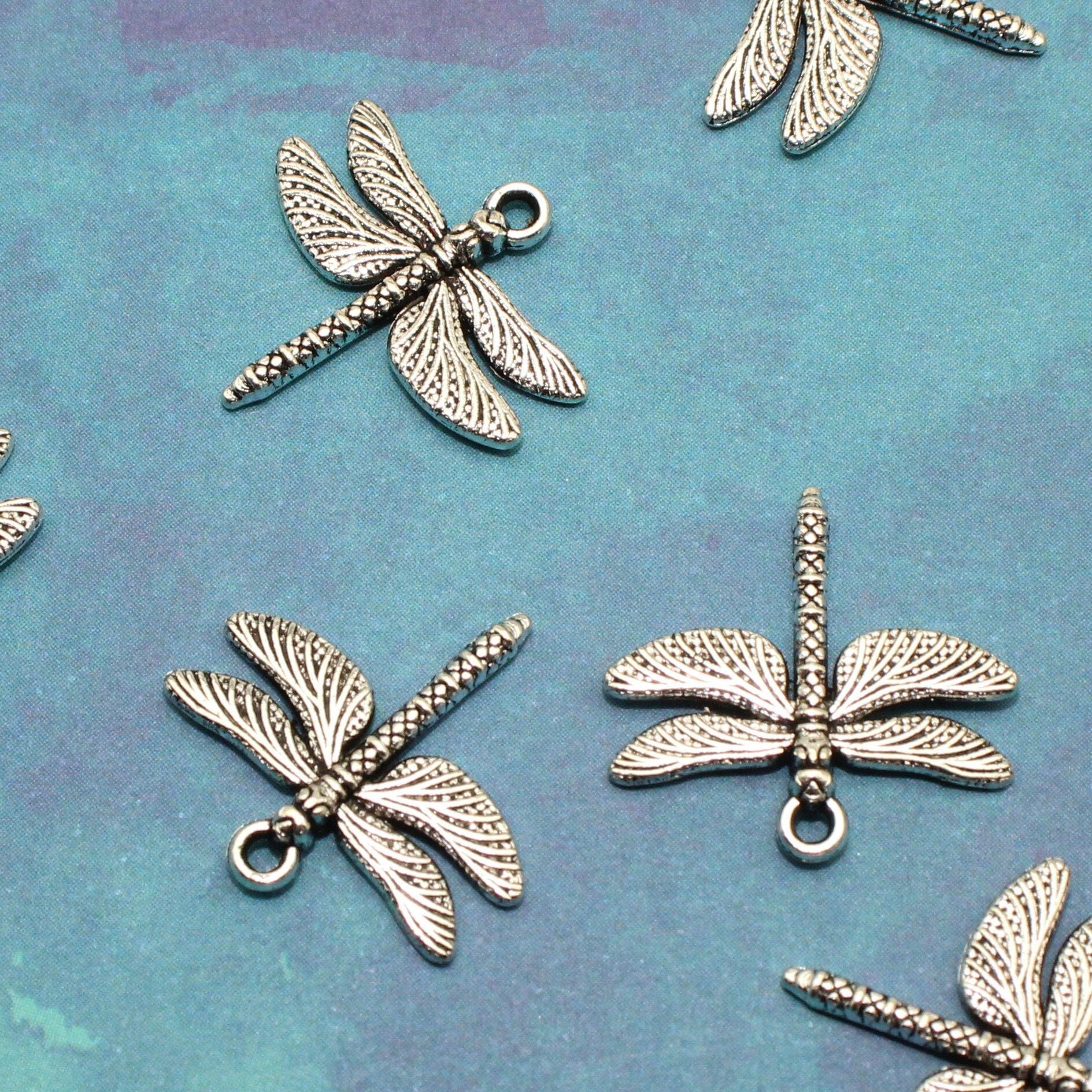 Dragonfly 18mm Antique Silver Tone Single Sided Insect Garden Charms - 1583