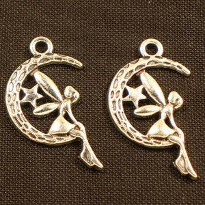 Fairy Sitting On The Moon 25mm Antique Silver Tone Single Sided Fantasy Fairy Tale Charms - 0138