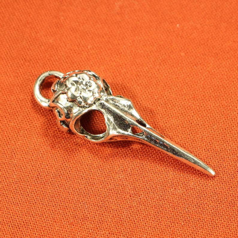 May include: Silver-toned bird skull charm with intricate details. The charm has a loop for attaching to a necklace or bracelet.