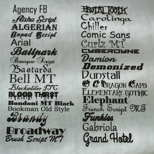 May include: A list of font names in black text on a white background. The font names include Agency FB, Aisha Script, Algerian, Anpad Script, Arial, Ballpark, Baroque Script, Bastarda, Bell MT, Blackadder ITC, Blood Thrist, Bondoni MT Black, Bookman Old Style, Brandy, Broadway, Brush Script MT, Brutal Tooth, Carolinga, Chiller, Comic Sans, Curlz MT, CYBERDYNE, Damion, Demonized, Dunstall, DRAGON CAPS, ELEMENTARY GOTHIC, Elephant, French Script MT, Funkies, Gabriola, and Grand Hotel.