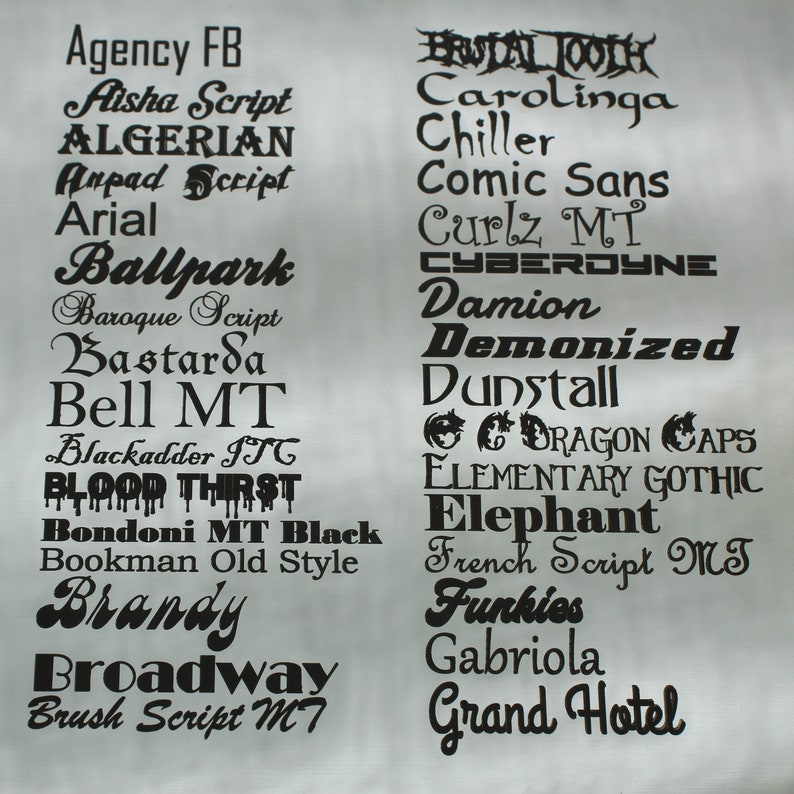 May include: A list of font names in black text on a white background. The font names include Agency FB, Aisha Script, Algerian, Anpad Script, Arial, Ballpark, Baroque Script, Bastarda, Bell MT, Blackadder ITC, Blood Thrist, Bondoni MT Black, Bookman Old Style, Brandy, Broadway, Brush Script MT, Brutal Tooth, Carolinga, Chiller, Comic Sans, Curlz MT, CYBERDYNE, Damion, Demonized, Dunstall, DRAGON CAPS, ELEMENTARY GOTHIC, Elephant, French Script MT, Funkies, Gabriola, and Grand Hotel.