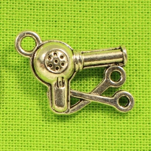 Hair Dryer with Scissors 16mm Antique Silver Tone 3D Beautician Stylist Charms - 0101