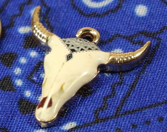 Steer Skull 21mm Gold Plated with Black and White Enamel Single Sided Boho Animal Western Charms - 1321