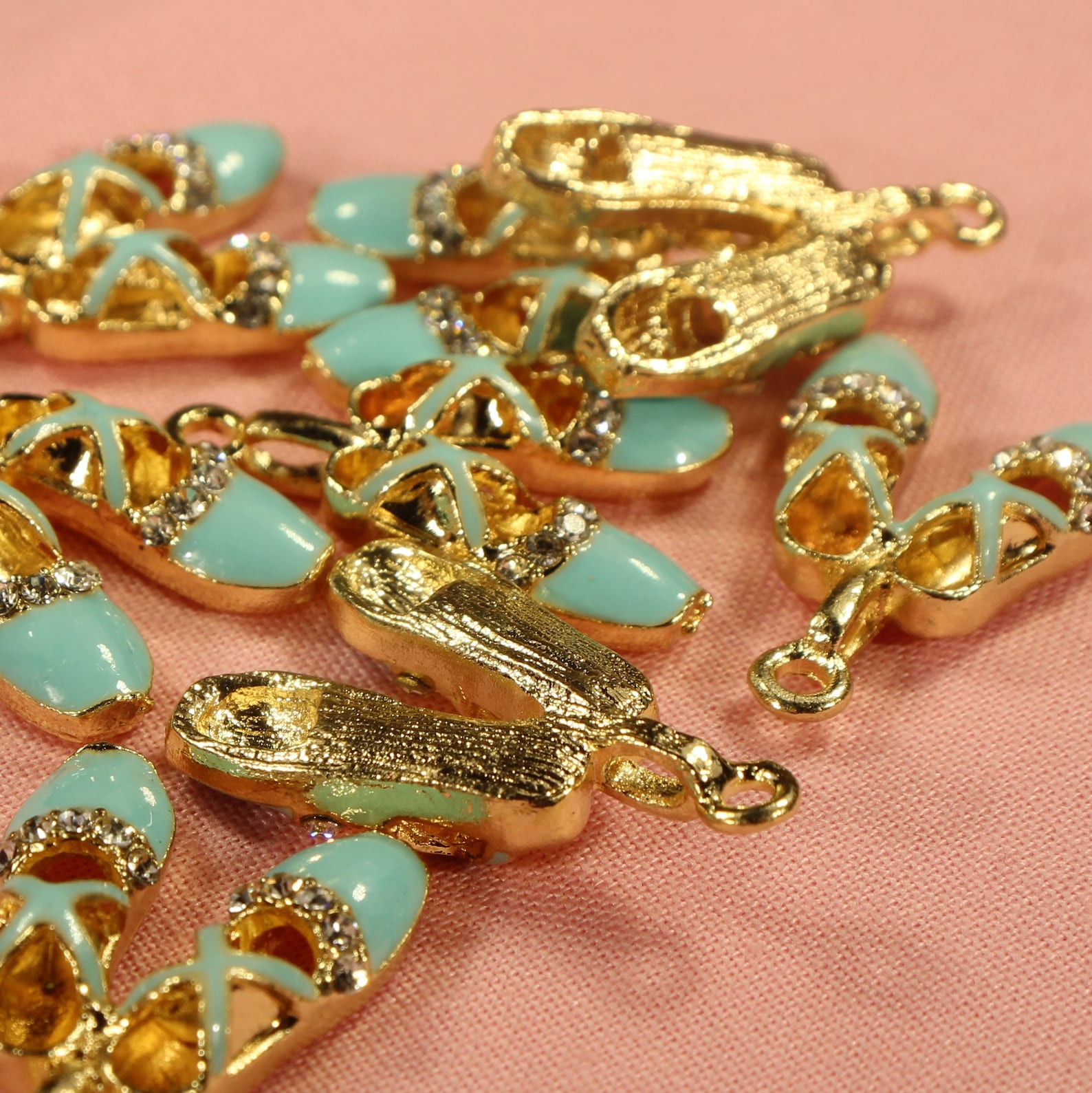 ballet shoes 26mm gold plated, rhinestone and light blue enamel 3d dance charms - 0422