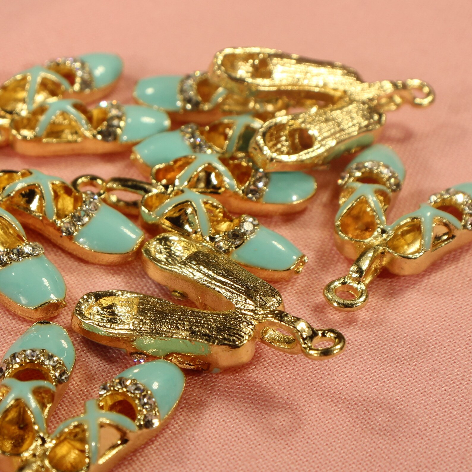 ballet shoes 26mm gold plated, rhinestone and light blue enamel 3d dance charms - 0422 ballet shoes 26mm gold plated, rhinestone and light blue enamel 3d dance charms - 0422