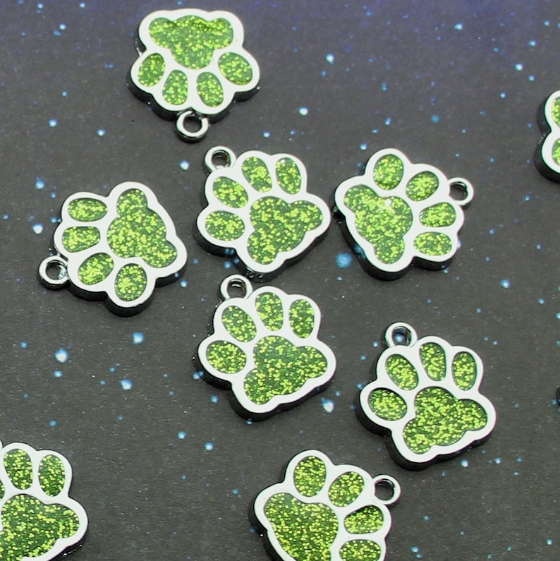 Paw Print 18mm Green Glitter Enamel and Silver Tone Single Sided Customizable Animal Charms 1658 image 1