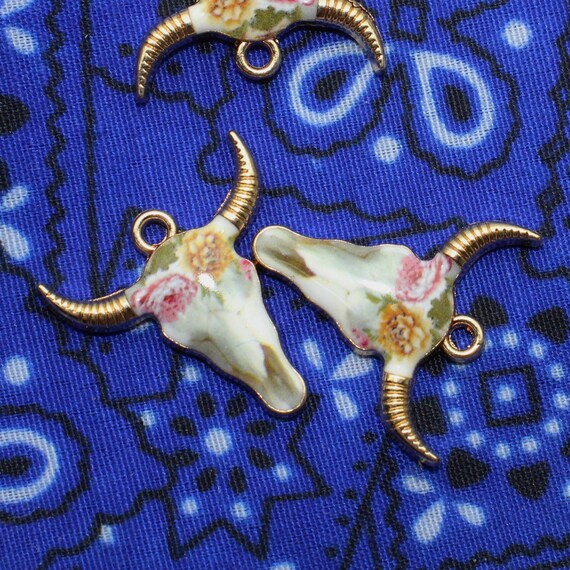 Steer Skull 22mm Gold Plated with Pink and Orange Enamel Floral Design Single Sided Boho Animal Western Charms - 1501
