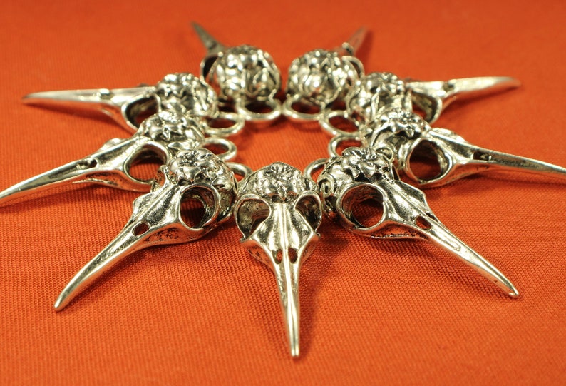 May include: A silver charm bracelet with a repeating pattern of bird skull charms. Each charm features intricate details and a delicate floral design.