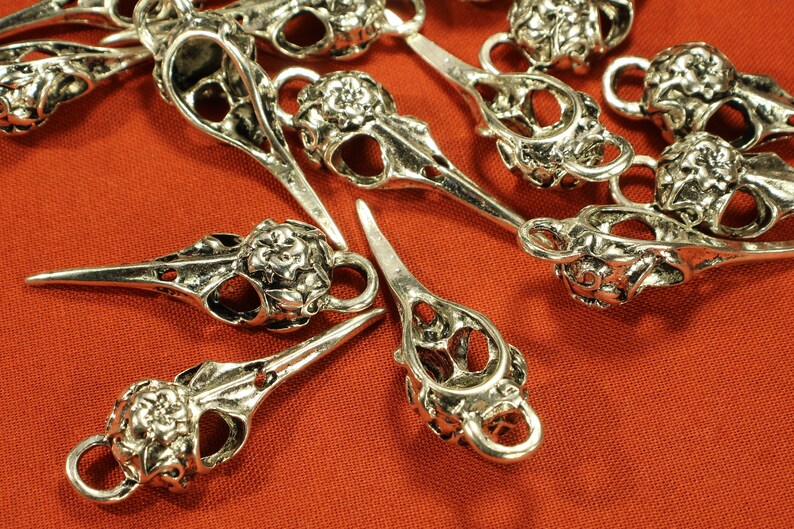 May include: A collection of silver-toned metal charms shaped like bird skulls with intricate floral details. The charms have a loop at the top for attaching to jewelry or other crafts.