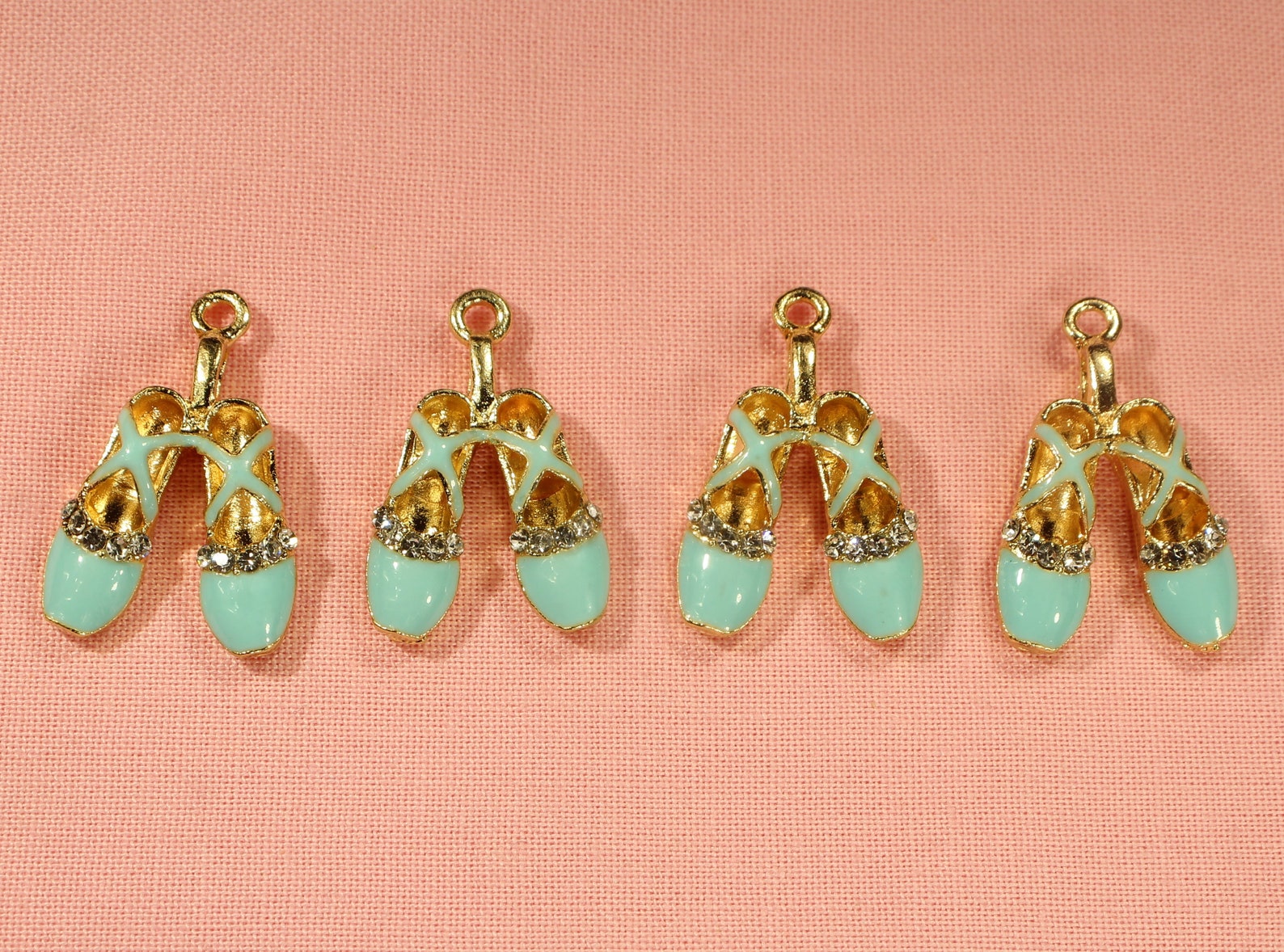 ballet shoes 26mm gold plated, rhinestone and light blue enamel 3d dance charms - 0422