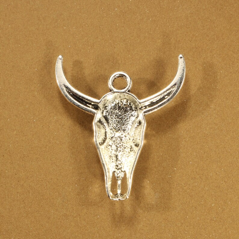May include: Silver-toned metal charm in the shape of a bull skull with horns.