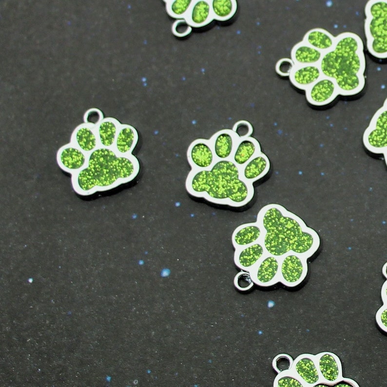 Paw Print 18mm Green Glitter Enamel and Silver Tone Single Sided Customizable Animal Charms 1658 image 5