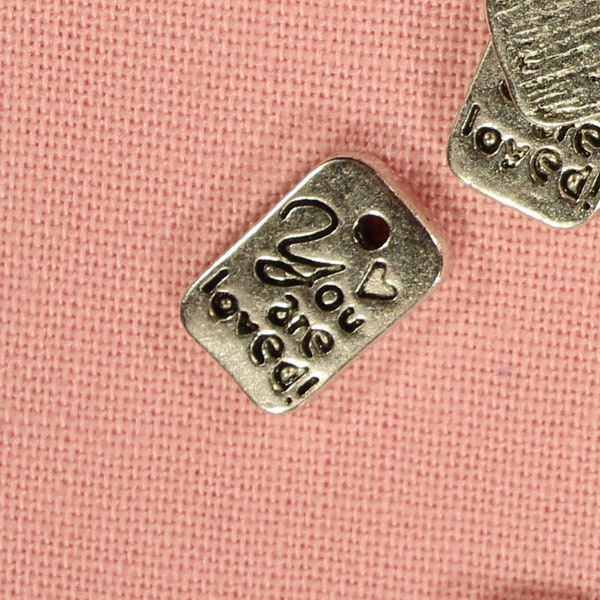 You Are Loved 11mm Tiny Antique Silver Tone Single Sided Tag Charms - 0259