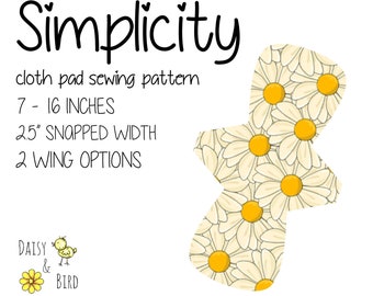 May include: A sewing pattern for a cloth pad with a daisy and bird design. The pattern includes instructions for making a pad that is 7 to 16 inches long and 2.5 inches wide. It also includes two wing options.