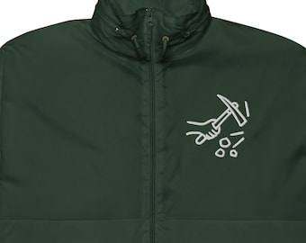 Embroidered Windbreaker Hooded, Rock Hammers, Rockhound Gift, Geology Lover Jacket, Lightweight Rain Shell, Outdoor Hiking Gear