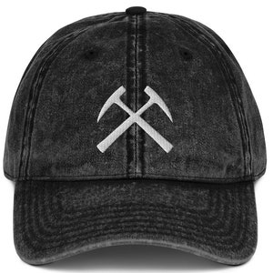 Vintage sombrero de algodón denim, gorra de voluntad, martillos cruzados, sacude de roca, ágata lapidaria asspeja hobby, geólogo geología, regalo rockhound