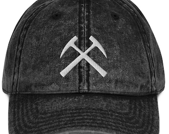 Vintage Denim Cotton Hat, Twill Cap, Crossed Hammers, rock hounding, lapidary agate jasper tumbling hobby, geology geologist, rockhound gift