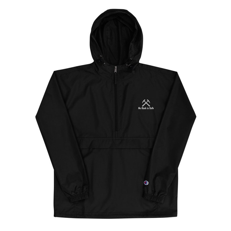 Rain Wind Resistant, Champion, Embroidered Packable Rockhounding Jacket, half zipper pullover rock hound windbreaker, No Rock Is Safe Black