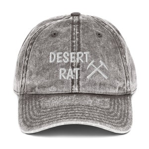 Vintage Denim Twill, Embroidered Desert Rat, rock hounding cap, lapidary agate jasper tumbling hobby, geology geologist rockhound gift cap