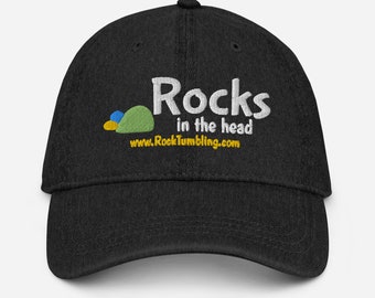 Rocks in the Head, Denim Cotton Hat, rock hounding, lapidary agate jasper tumbling hobby, geology geologist, rockhound gift