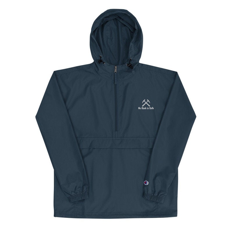 Rain Wind Resistant, Champion, Embroidered Packable Rockhounding Jacket, half zipper pullover rock hound windbreaker, No Rock Is Safe Navy