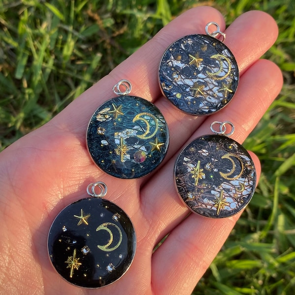 Celestial crystal moon necklaces - spacecore charm - galaxy jewelry - cosmic aesthetic jewelry - iridescent resin - space pendant - stars