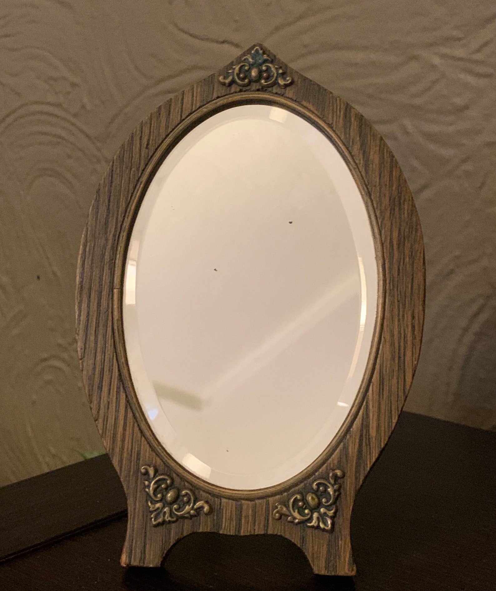 Antique Wood Oval Table Mirror With Brass Filigree Accents Etsy