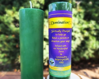 May include: Two green pillar candles. One candle is plain, while the other features a purple and yellow label with the text Domination! Spiritually Charged to help ya Bend a person or situation your way! Infused with our Handcrafted fierce & commanding DOMINATION OIL! 10 oz 283 g.